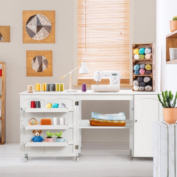 Costway Tavolo pieghevole da cucito con ruote bloccabili, Tavolo versatile a ribalta per computer con mensole Bianco