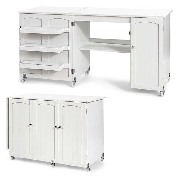 Costway Tavolo pieghevole da cucito con ruote bloccabili, Tavolo versatile a ribalta per computer con mensole Bianco