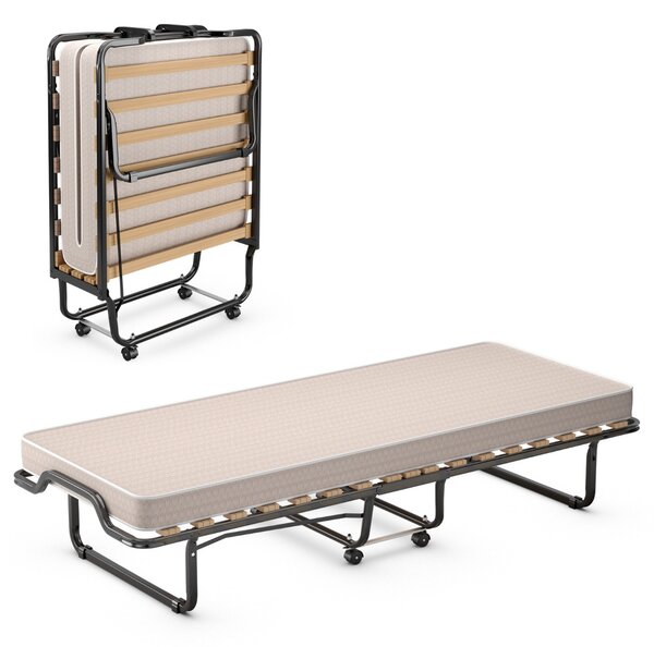 Costway Lettino pieghevole con materasso in memory foam e capacità di 120 kg, Letto con struttura metallica e ruote Beige