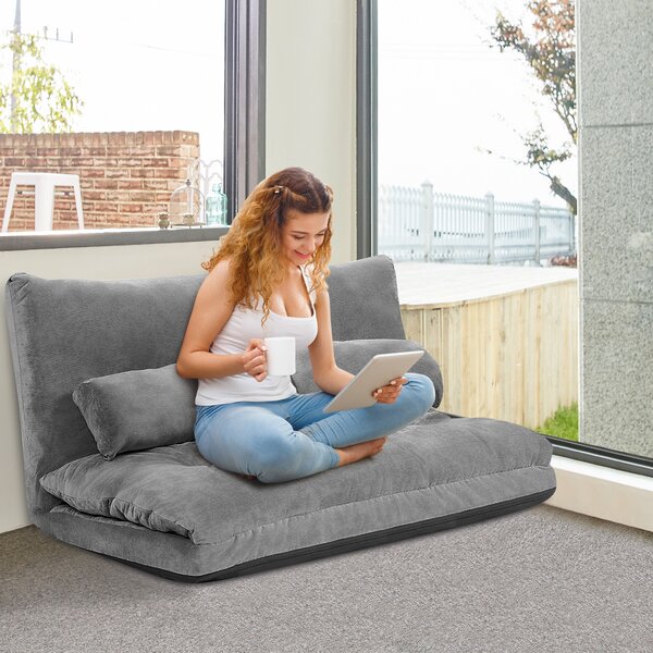 Costway Divano da terra regolabile in 6 posizioni con 2 cuscini, Divano letto durevole e stabile con fodera in camoscio Grigio