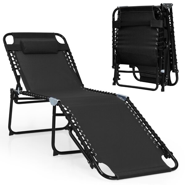 Costway Chaise longue pieghevole con poggiatesta rimovibile, Sedia reclinabile da spiaggia con schienale regolabile Nero