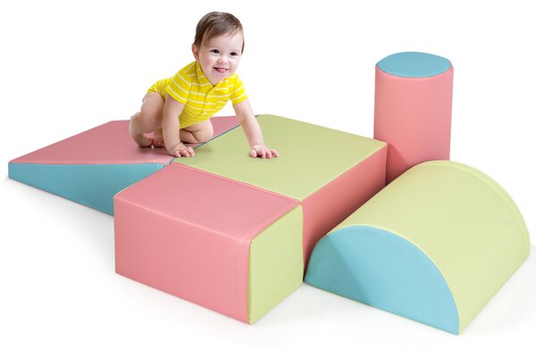 Costway Set di gioco da arrampicata per bambini da 5 pezzi, Strutture di gioco in schiuma impermeabili Rosa