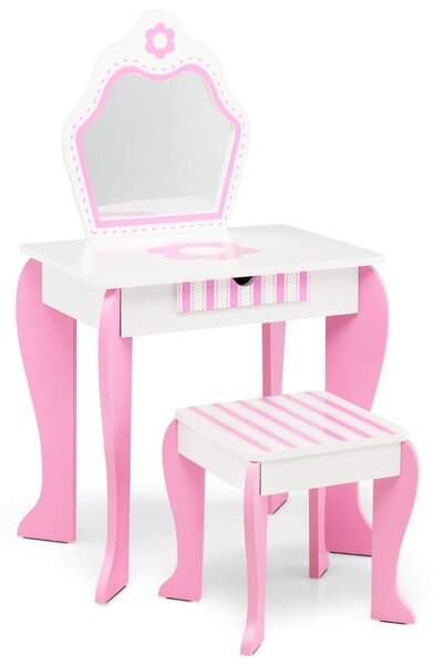 Costway Set di tavolino e sgabello con specchio e cassetto per bambini, Set di tavolino da trucco 2 in 1 Bianco