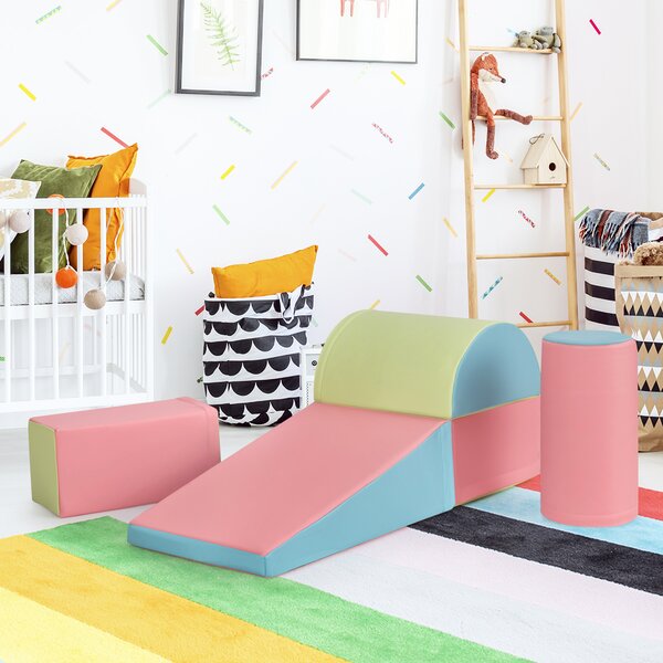 Costway Set di gioco da arrampicata per bambini da 5 pezzi, Strutture di gioco in schiuma impermeabili Rosa