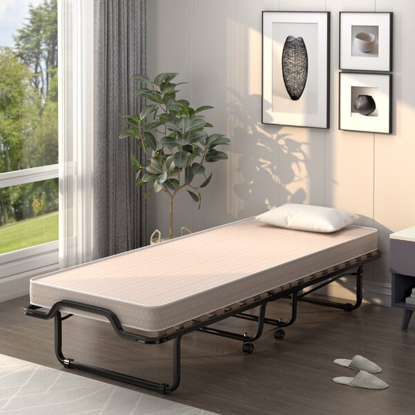 Costway Letto brandina con materasso in memory foam struttura resistente 4 ruote girevoli, Lettino pieghevole per casa Beige