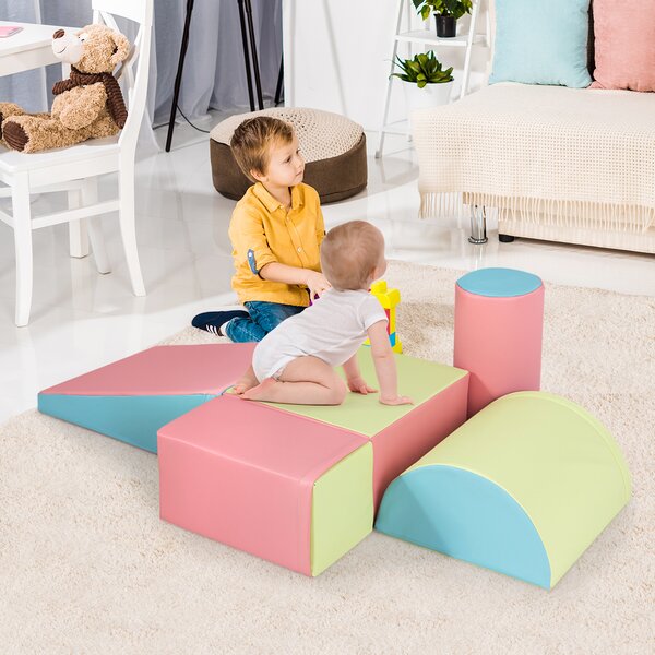 Costway Set di gioco da arrampicata per bambini da 5 pezzi, Strutture di gioco in schiuma impermeabili Rosa
