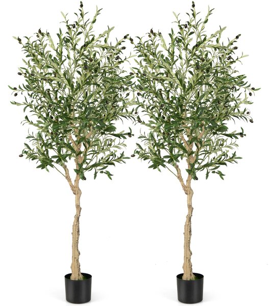 Costway Ulivo artificiale 182 cm da 2 pezzi con 1296 foglie 72 frutti, Ulivo finto in vaso di cemento per ufficio casa