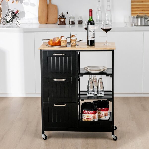 Costway Isola da cucina su ruota con portaoggetti 3 cassetti vassoio rimovibile, Carrello rotante di servizio Nero