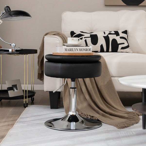 Costway Sgabello girevole a 360° per vanità con portaoggetti, Sedia in pelle PU regolabile in altezza da 51-66cm Nero