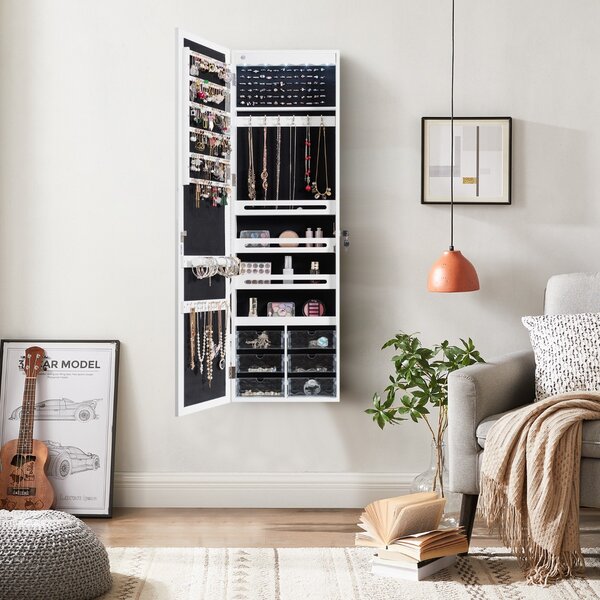 Costway Armadio portagioielli con specchio e 5 luci LED montato a muro, Organizer gioielli da porta con 6 cassetti Bianco