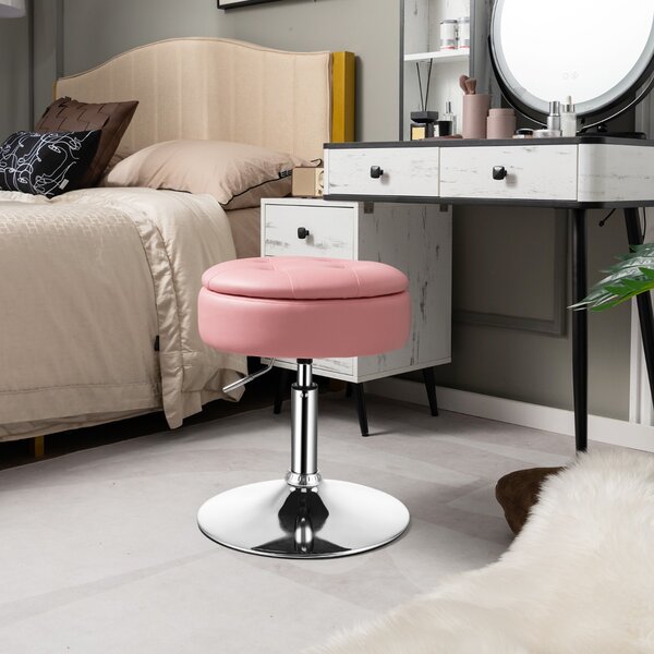 Costway Sgabello girevole a 360° per vanità con portaoggetti, Sedia in pelle PU regolabile in altezza da 51-66cm Rosa