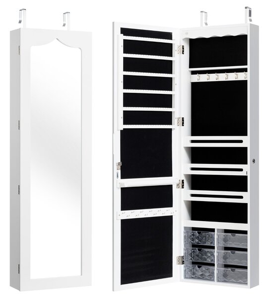 Costway Armadio portagioielli con specchio e 5 luci LED montato a muro, Organizer gioielli da porta con 6 cassetti Bianco