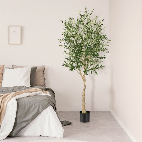 Costway Ulivo artificiale 182 cm da 2 pezzi con 1296 foglie 72 frutti, Ulivo finto in vaso di cemento per ufficio casa