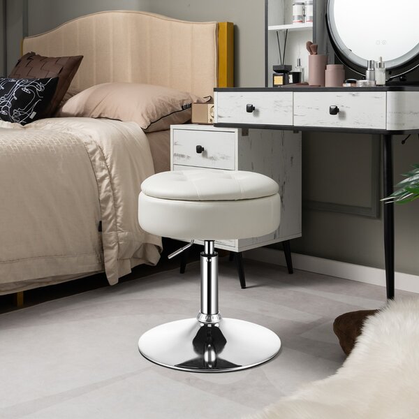 Costway Sgabello girevole a 360° per vanità con portaoggetti, Sedia in pelle PU regolabile in altezza da 51-66cm Bianco