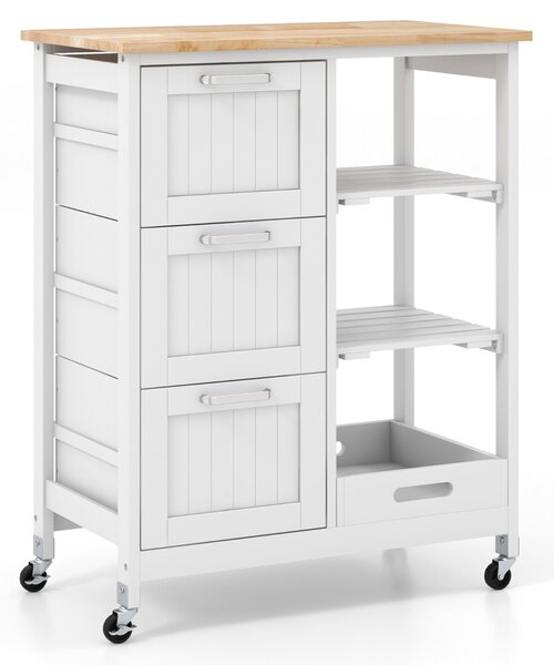 Costway Isola cucina con ruote bloccabili piano in legno di gomma e 2 ripiani rimovibili, Carrello multiuso Bianco