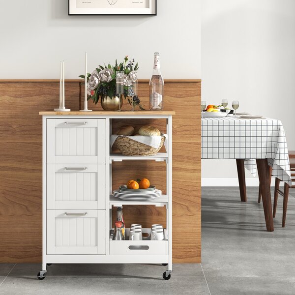 Costway Isola cucina con ruote bloccabili piano in legno di gomma e 2 ripiani rimovibili, Carrello multiuso Bianco