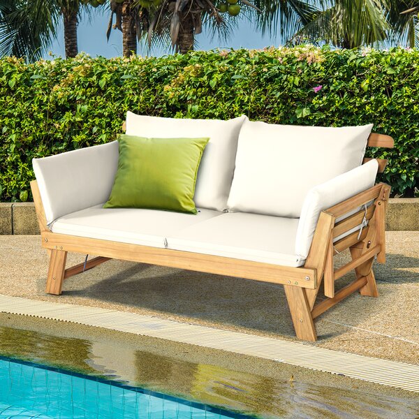 Costway Divano letto convertibile in legno d'acacia con braccioli regolabili cuscini, Chaise longue da esterno Beige