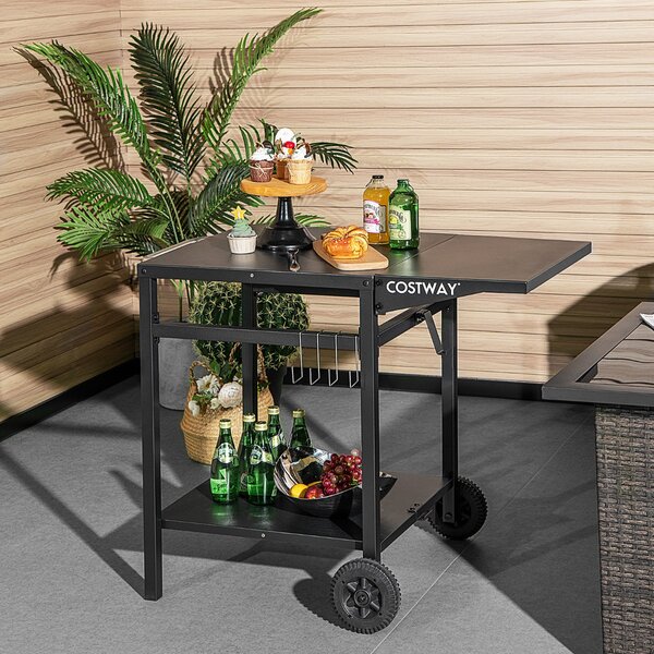 Costway Carrello da pranzo con 4 ganci 2 ruote direzionali, Carrello di preparazione per forno da pizza e barbecue Nero