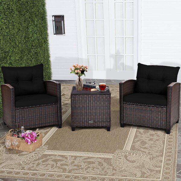 Costway Set di 3 mobili da patio con 4 cuscini rimovibili, Set di 2 sedie e 1 tavolino in rattan con piano in vetro Nero