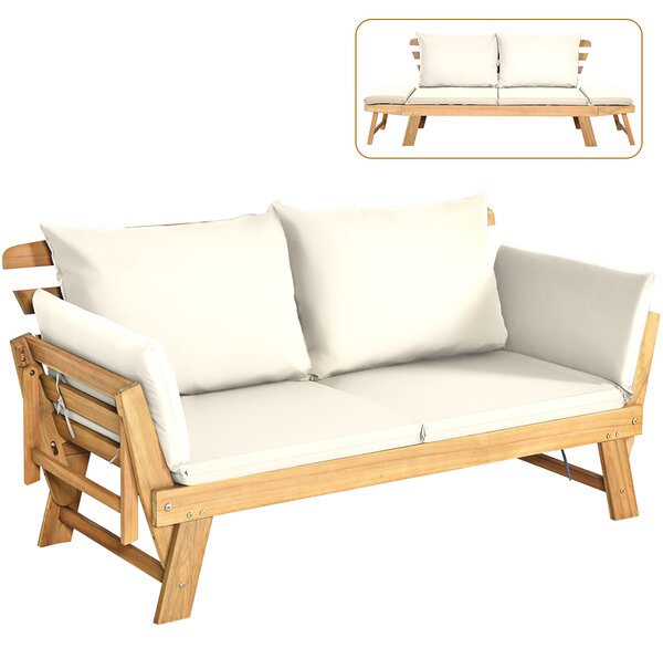 Costway Divano letto convertibile in legno d'acacia con braccioli regolabili cuscini, Chaise longue da esterno Beige