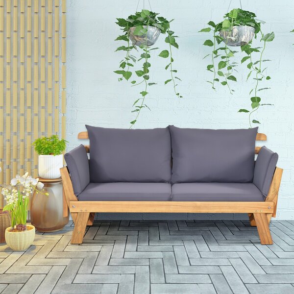 Costway Divano letto convertibile in legno d'acacia con braccioli regolabili cuscini, Chaise longue da esterno Grigio