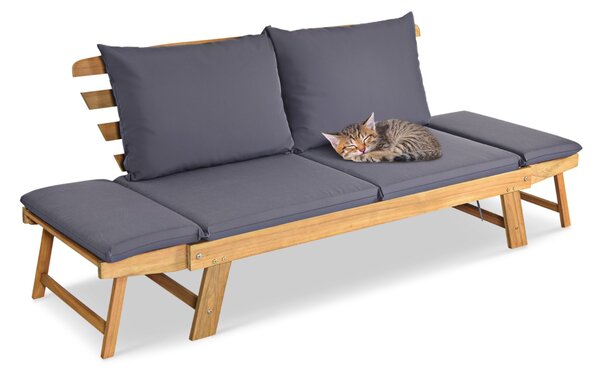 Costway Divano letto convertibile in legno d'acacia con braccioli regolabili cuscini, Chaise longue da esterno Grigio