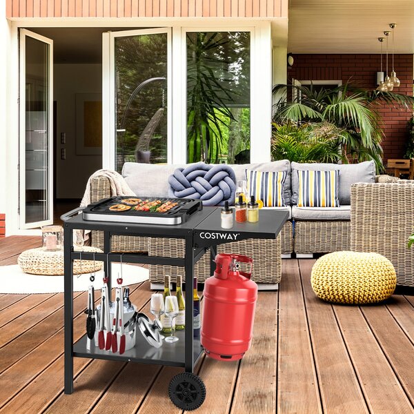 Costway Carrello da pranzo con 4 ganci 2 ruote direzionali, Carrello di preparazione per forno da pizza e barbecue Nero
