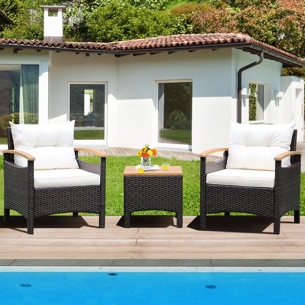 Costway Set di mobili da patio 3 pezzi con cuscino rimovibile accoglienti braccioli, Set di divani in rattan per esterni