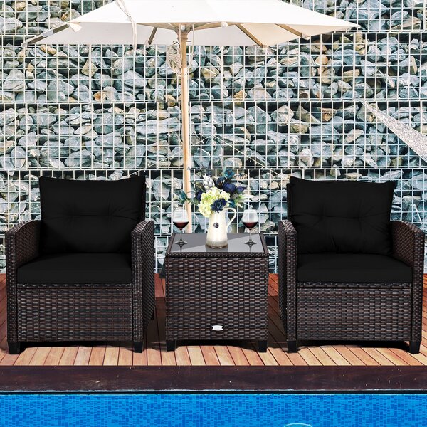 Costway Set di 3 mobili da patio con 4 cuscini rimovibili, Set di 2 sedie e 1 tavolino in rattan con piano in vetro Nero