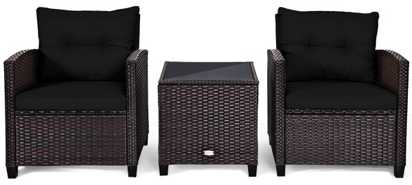 Costway Set di 3 mobili da patio con 4 cuscini rimovibili, Set di 2 sedie e 1 tavolino in rattan con piano in vetro Nero