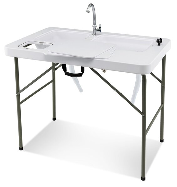 Costway Tavolo per sfilettare pesce con 2 lavandini incorporati e rubinetto girevole a 360°, Stazione pieghevole Bianco