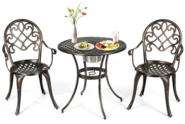 Costway Set tavolo rotondo 2 sedie con secchiello per ghiaccio rimovibile, Mobili da giardino resistente alle intemperie