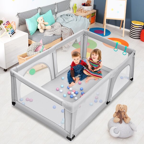Costway Box per bambini con cancello extra large e rete traspirante, Centro attività portatile per interno Grigio