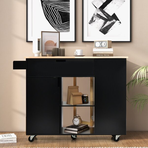 Costway Carrello su ruote bloccabili con piano in legno di gomma cassetto, Isola da cucina a foglia a goccia Nero