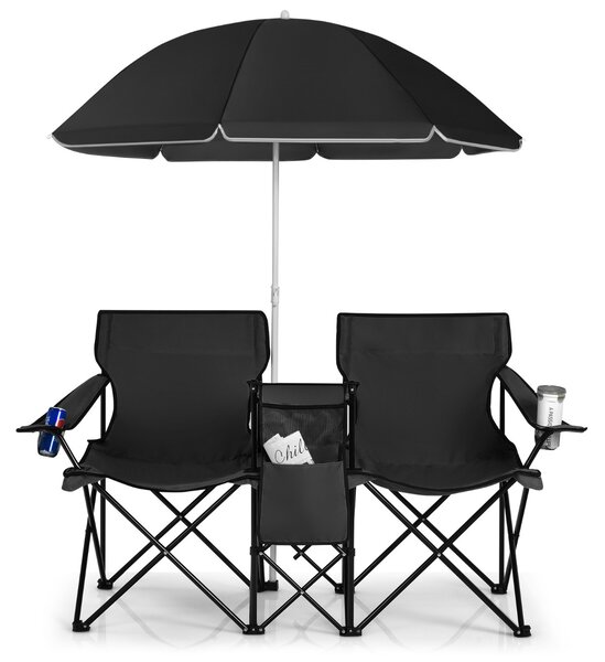 Costway Sedia da picnic in acciaio portatile e pieghevole, Sedia da picnic con ombrellone mini tavolo porta bevande Nero