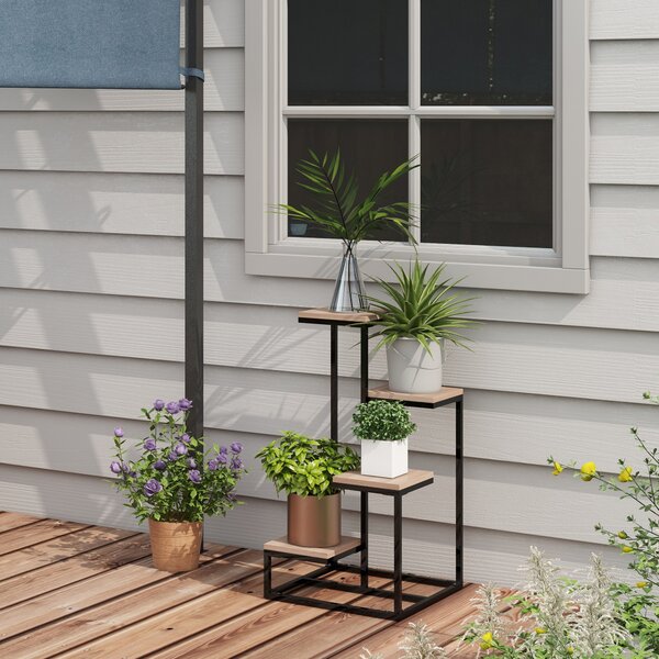 Outsunny Scaffale per Piante a 4 Livelli in Acciaio e Legno, 40x40x75.5 cm, Marrone e Nero|Aosom