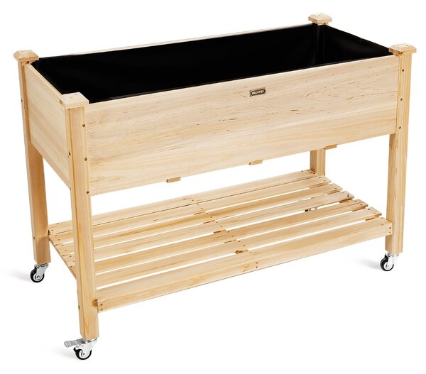 Costway Letto da giardino rialzato con ruote bloccabili capienza e rivestimento protettivo, Fioriera mobile in legno
