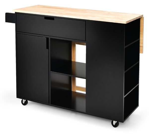 Costway Carrello su ruote bloccabili con piano in legno di gomma cassetto, Isola da cucina a foglia a goccia Nero