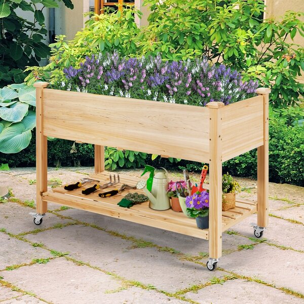 Costway Letto da giardino rialzato con ruote bloccabili capienza e rivestimento protettivo, Fioriera mobile in legno