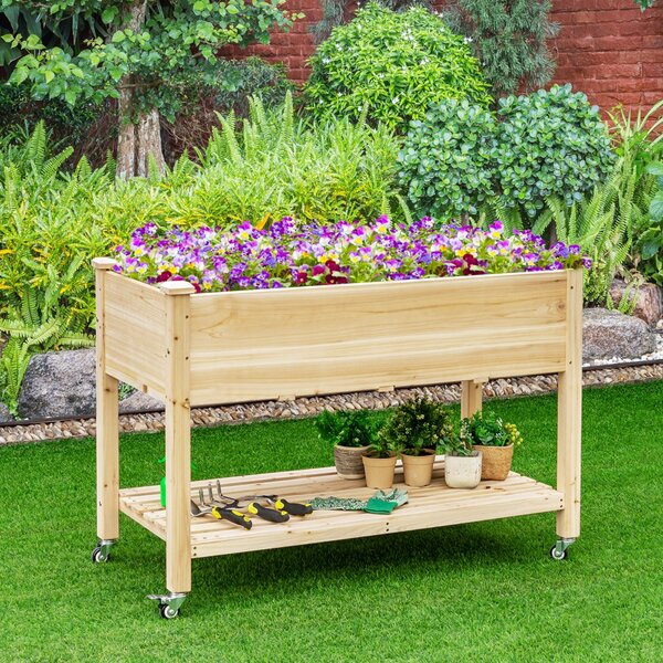 Costway Letto da giardino rialzato con ruote bloccabili capienza e rivestimento protettivo, Fioriera mobile in legno