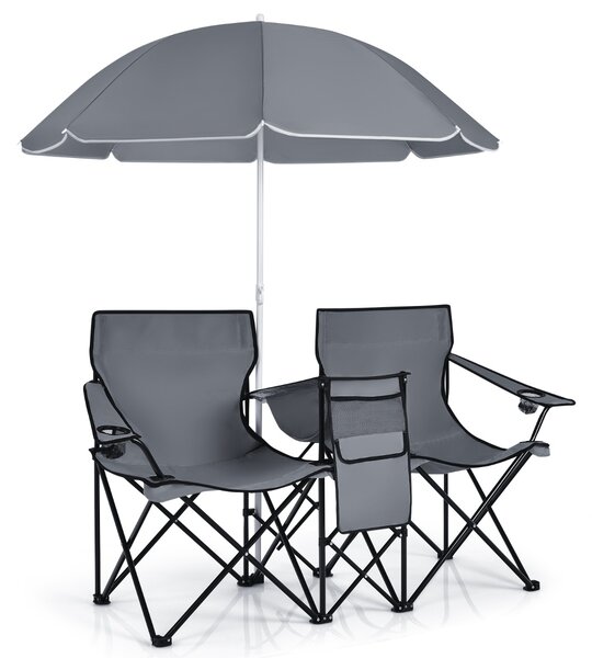 Costway Sedia da picnic in acciaio portatile e pieghevole, Sedia da picnic con ombrellone mini tavolo porta bevande Grigio