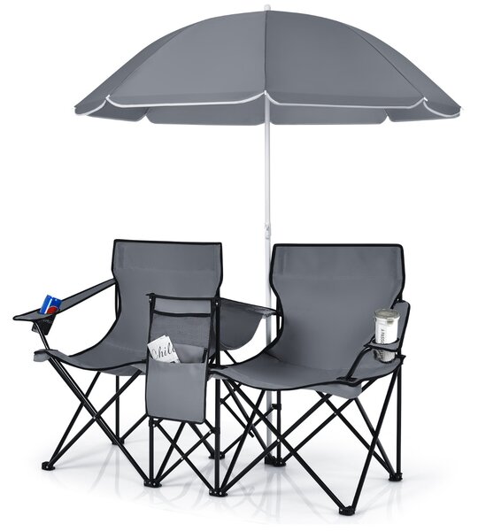 Costway Sedia da picnic in acciaio portatile e pieghevole, Sedia da picnic con ombrellone mini tavolo porta bevande Grigio