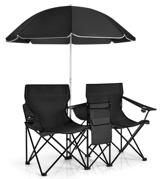 Costway Sedia da picnic in acciaio portatile e pieghevole, Sedia da picnic con ombrellone mini tavolo porta bevande Nero