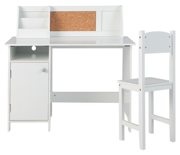 Costway Set di scrivania e sedia per bambini in legno con scaffale armadietto bacheca, Postazione di scrittura Bianco