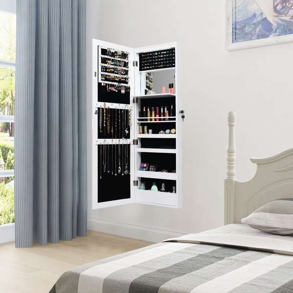 Costway Armadio per gioielli con specchio LED 119cm di altezza, Armadio per gioielli montabile a parete o porta Bianco