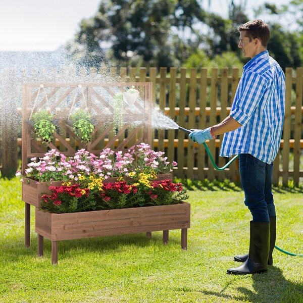 Costway Cassetta da giardino rialzata a 2 livelli con trellis foro di drenaggio, Contenitore per piante da patio Marrone