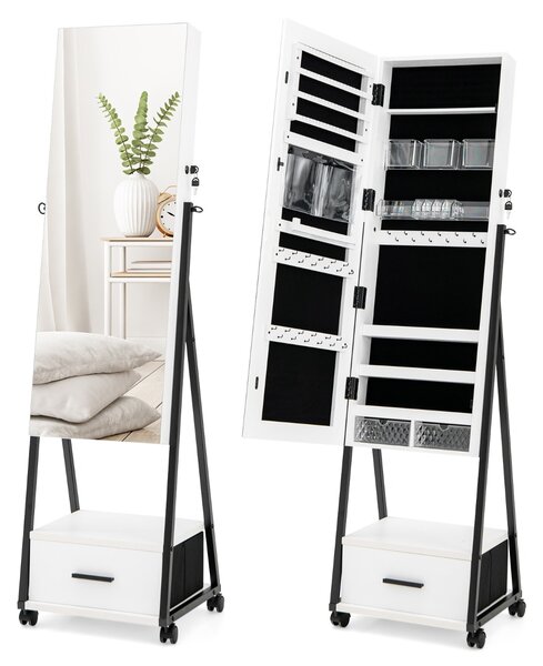 Costway Armadietto portagioie da terra con specchio per trucchi e cosmetici, Portagioie a ruote con cassetti Bianco