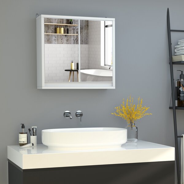 Homcom Mobile Specchiera Bagno a Parete, Armadietto con Ripiano Regolabile e Doppia Porta a Vetro, Bianco, 48x14.5x45cm|Aosom ital
