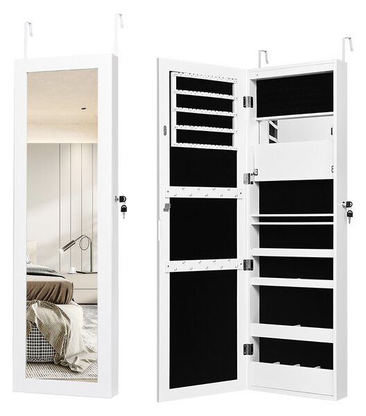 Costway Armadio per gioielli con specchio LED 119cm di altezza, Armadio per gioielli montabile a parete o porta Bianco