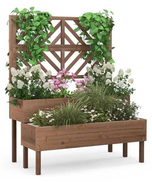 Costway Cassetta da giardino rialzata a 2 livelli con trellis foro di drenaggio, Contenitore per piante da patio Marrone